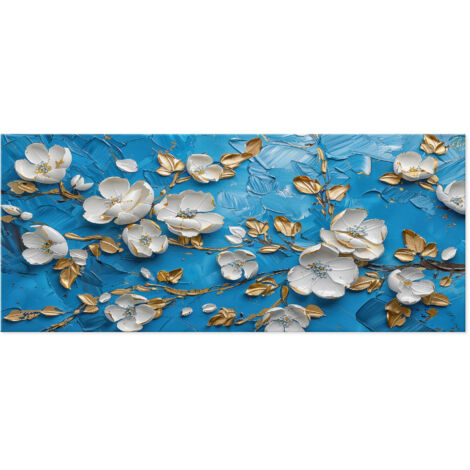 Lupia - Quadro moderno Canvas World FLOWERS WHITE BLUE 52x122 cm, Stampa su Tela effetto Pennellate tridimensionale, Telaio in Legno, per soggiorno capezzale camera da letto ufficio fiori bianchi oro