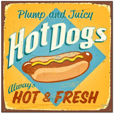 Lupia - Quadro moderno Canvas World HOTDOGS ALWAYS HOT 30x30 cm, Stampa su Tela, Telaio in Fibra di Legno, Stampa Stile Vintage, Decorazione Cucina Sala da Pranzo bar hotel ristorante pizzeria, Retrò