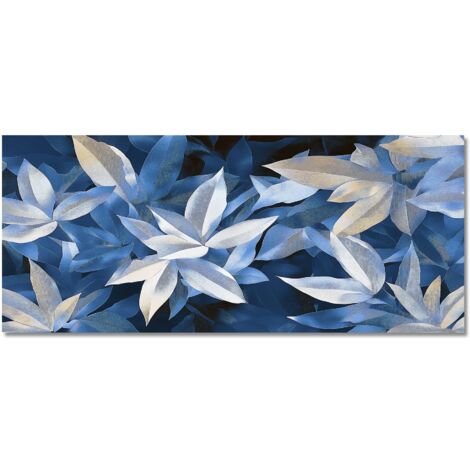 Lupia - Quadro moderno Canvas World LEAVES COBALT BLUE, Stampa su Tela PVC, Telaio in Fibra di Legno, Foglie nei toni del blu, 52x122 cm, per soggiorno capezzale camera da letto, ufficio