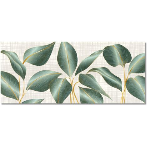 Lupia - Quadro moderno Canvas World LEAVES GREEN & GOLD, Stampa su Tela PVC, Telaio in Fibra di Legno, effetto marmo, 52x122 cm, per soggiorno capezzale camera da letto, ufficio