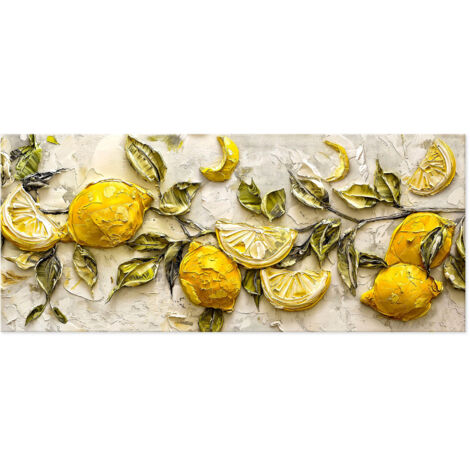 Lupia - Quadro moderno Canvas World RAMO DI LIMONI 52x122 cm, Stampa su Tela effetto Pennellate tridimensionale, Telaio in Legno, per soggiorno capezzale camera da letto ufficio
