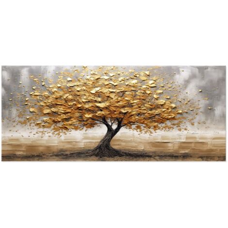 Lupia - Quadro moderno Canvas World TREE LEAVES GOLD 52x122 cm, Stampa su Tela effetto Pennellate tridimensionale, Albero della Vita, Telaio in Legno, soggiorno capezzale camera da letto ufficio