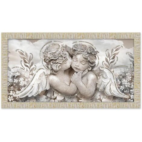 Lupia - Quadro Moderno con Cornice GIOVY Bianca Oro, ANGELS IN FLOWERS, Stampa su Pannello in Legno con Glitter, Adatto per Soggiorno, Camera da Letto, Cucina, Ufficio, 60x110 cm, tema angeli