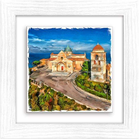 Lupia - Quadro moderno con paesaggi e localismi italiani, Ceramica e Stampa Rilievo, Cornice Legno Shabby Modern bianca, Decorazione Parete, Quadretti Soggiorno 29x29 cm ANCONA CATTEDRALE DI S.CIRIACO