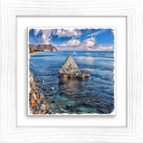 Lupia - Quadro moderno con paesaggi e localismi italiani, Ceramica e Stampa Rilievo, Cornice Legno Shabby Modern bianca, Decorazione Parete, Quadretti Soggiorno, 29x29 cm, ANCONA RIVIERA DEL CORNERO