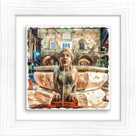 Lupia - Quadro moderno con paesaggi e localismi italiani, Ceramica e Stampa Rilievo, Cornice Legno Shabby Modern bianca, Decorazione Parete, Quadretti Soggiorno, 29x29 cm, BERGAMO FONTANA CONTARINI