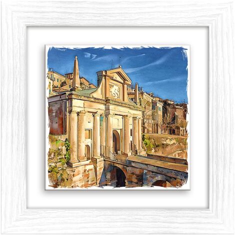 Lupia - Quadro moderno con paesaggi e localismi italiani, Ceramica e Stampa Rilievo, Cornice Legno Shabby Modern bianca, Decorazione Parete, Quadretti Soggiorno, 29x29 cm, BERGAMO PORTA SAN GIACOMO
