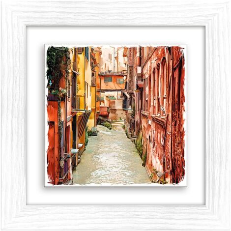 Lupia - Quadro moderno con paesaggi e localismi italiani Ceramica e Stampa Rilievo Cornice Legno Shabby Modern bianca Decorazione Parete Quadretti Soggiorno 29x29 cm BOLOGNA CANALE NEL CENTRO STORICO