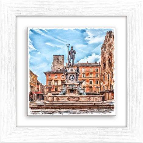 Lupia - Quadro moderno con paesaggi e localismi italiani, Ceramica e Stampa Rilievo, Cornice Legno Shabby Modern bianca, Decorazione Parete, Quadretti Soggiorno 29x29 cm BOLOGNA FONTANA NETTUNO GIORNO