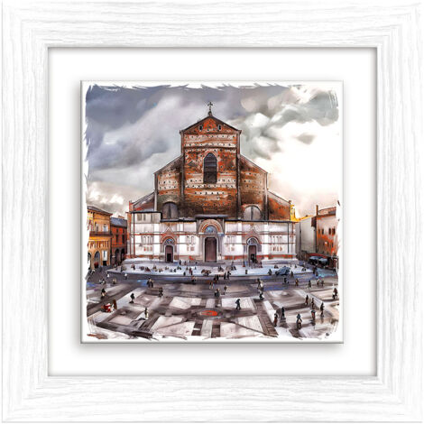 Lupia - Quadro moderno con paesaggi e localismi italiani, Ceramica e Stampa Rilievo, Cornice Legno Shabby Modern bianca, Decorazione Parete, Quadretti Soggiorno, 29x29 cm, BOLOGNA SANTA MARIA MAGGIORE