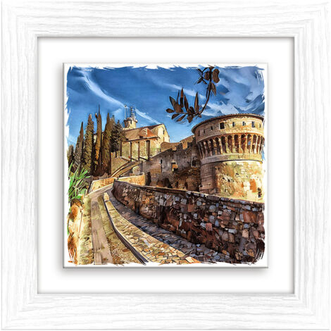Lupia - Quadro moderno con paesaggi e localismi italiani, Ceramica e Stampa Rilievo, Cornice Legno Shabby Modern bianca, Decorazione Parete, Quadretti Soggiorno, 29x29 cm, BRESCIA CASTELLO MEDIEVALE