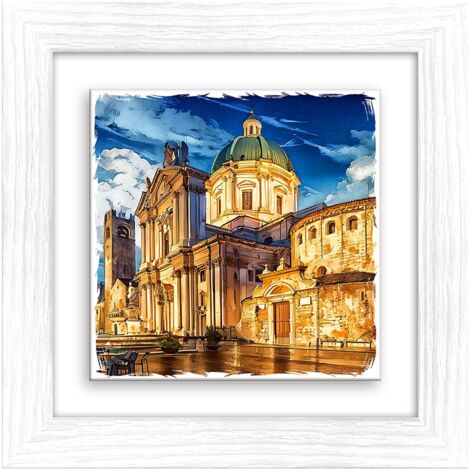 Lupia - Quadro moderno con paesaggi e localismi italiani, Ceramica e Stampa Rilievo, Cornice Legno Shabby Modern bianca, Decorazione Parete, Quadretti Soggiorno 29x29 cm BRESCIA DUOMO NUOVO E VECCHIO