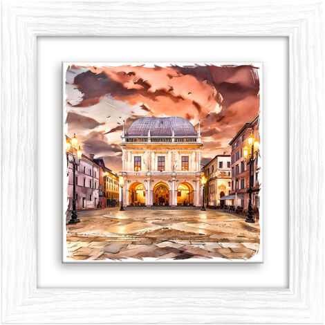 Lupia - Quadro moderno con paesaggi e localismi italiani, Ceramica e Stampa Rilievo, Cornice Legno Shabby Modern bianca, Decorazione Parete, Quadretti Soggiorno, 29x29 cm, BRESCIA PALAZZO DELLA LOGGIA