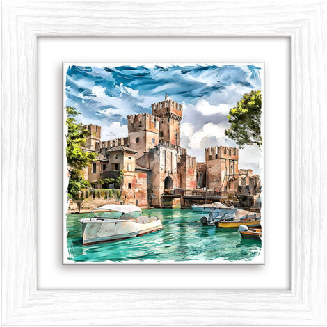 Lupia - Quadro moderno con paesaggi e localismi italiani, Ceramica e Stampa Rilievo, Cornice Legno Shabby Modern bianca, Decorazione Parete, Quadretti Soggiorno, 29x29 cm, BRESCIA SIRMIONE