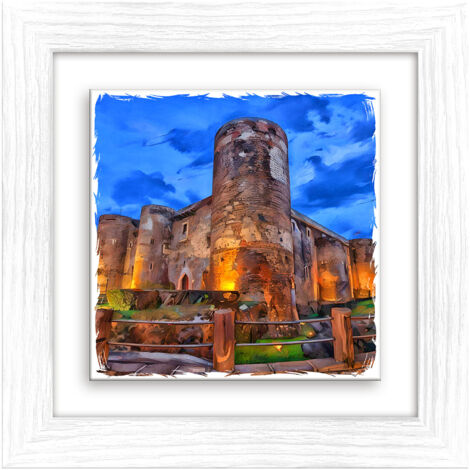 Lupia - Quadro moderno con paesaggi e localismi italiani, Ceramica e Stampa Rilievo, Cornice Legno Shabby Modern bianca, Decorazione Parete, Quadretti Soggiorno, 29x29 cm, CATANIA CASTELLO URSINO