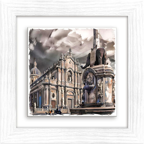 Lupia - Quadro moderno con paesaggi e localismi italiani, Ceramica e Stampa Rilievo, Cornice Legno Shabby Modern bianca, Decorazione Parete, Quadretti Soggiorno, 29x29 cm, CATANIA PIAZZA DUOMO