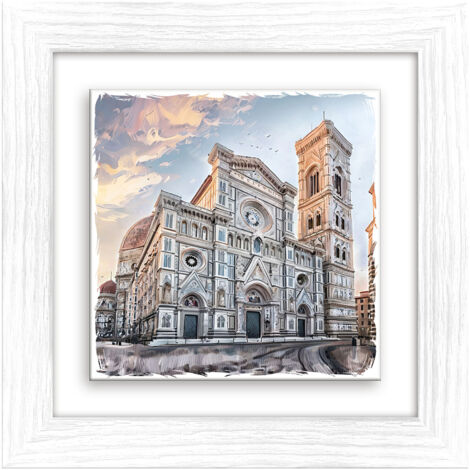 Lupia - Quadro moderno con paesaggi e localismi italiani, Ceramica e Stampa Rilievo, Cornice Legno Shabby Modern bianca, Decorazione Parete, Quadretti Soggiorno, 29x29 cm, FIRENZE DUOMO