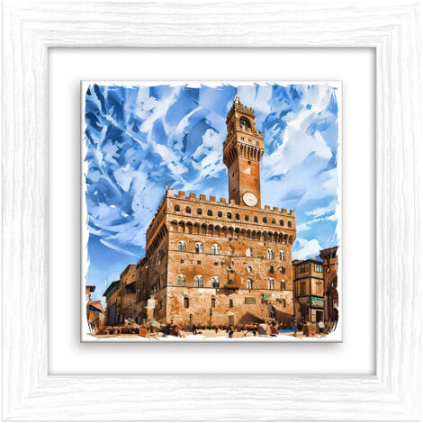 Lupia - Quadro moderno con paesaggi e localismi italiani, Ceramica e Stampa Rilievo, Cornice Legno Shabby Modern bianca, Decorazione Parete, Quadretti Soggiorno, 29x29 cm FIRENZE PIAZZA DELLA SIGNORIA
