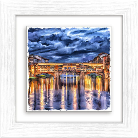 Lupia - Quadro moderno con paesaggi e localismi italiani, Ceramica e Stampa Rilievo, Cornice Legno Shabby Modern bianca, Decorazione Parete, Quadretti Soggiorno 29x29 cm FIRENZE PONTE VECCHIO TWILIGHT