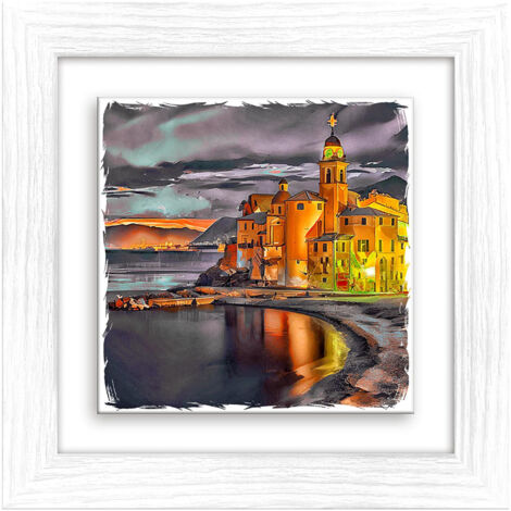 Lupia - Quadro moderno con paesaggi e localismi italiani, Ceramica e Stampa Rilievo, Cornice Legno Shabby Modern bianca, Decorazione Parete, Quadretti Soggiorno, 29x29 cm, GENOVA BASILICA NOTTE