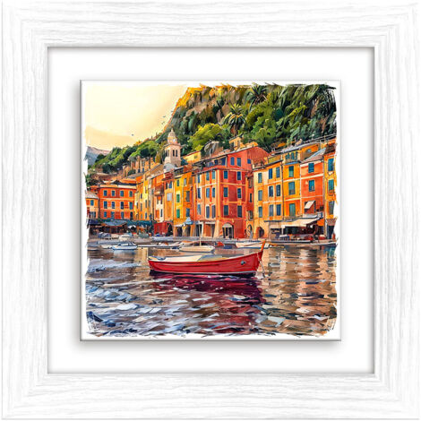 Lupia - Quadro moderno con paesaggi e localismi italiani, Ceramica e Stampa Rilievo, Cornice Legno Shabby Modern bianca, Decorazione Parete, Quadretti Soggiorno, 29x29 cm, GENOVA COSTA
