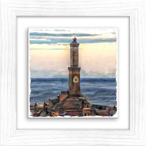 Lupia - Quadro moderno con paesaggi e localismi italiani, Ceramica e Stampa Rilievo, Cornice Legno Shabby Modern bianca, Decorazione Parete, Quadretti Soggiorno, 29x29 cm, GENOVA LANTERNA GIORNO