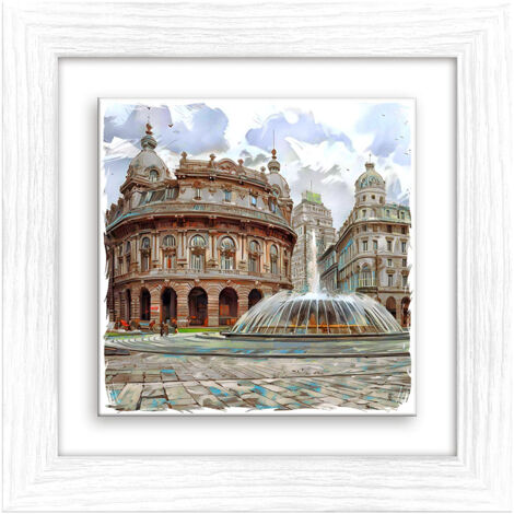 Lupia - Quadro moderno con paesaggi e localismi italiani, Ceramica e Stampa Rilievo, Cornice Legno Shabby Modern bianca, Decorazione Parete, Quadretti Soggiorno, 29x29 cm, GENOVA PIAZZA FERRARI
