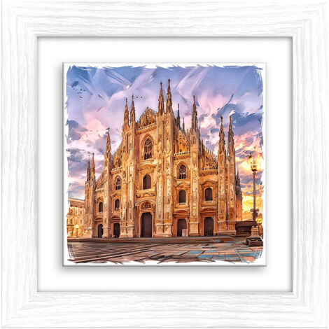 Lupia - Quadro moderno con paesaggi e localismi italiani, Ceramica e Stampa Rilievo, Cornice Legno Shabby Modern bianca, Decorazione Parete, Quadretti Soggiorno, 29x29 cm, MILANO DUOMO