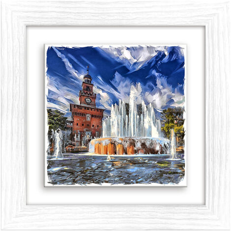 Lupia - Quadro moderno con paesaggi e localismi italiani, Ceramica e Stampa Rilievo, Cornice Legno Shabby Modern bianca, Decorazione Parete, Quadretti Soggiorno 29x29 cm MILANO FONTANA PIAZZA CASTELLO