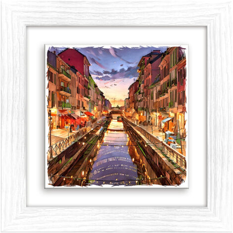 Lupia - Quadro moderno con paesaggi e localismi italiani, Ceramica e Stampa Rilievo, Cornice Legno Shabby Modern bianca, Decorazione Parete, Quadretti Soggiorno, 29x29 cm, MILANO NAVIGLI