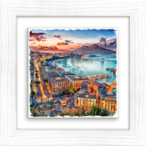 Lupia - Quadro moderno con paesaggi e localismi italiani, Ceramica e Stampa Rilievo, Cornice Legno Shabby Modern bianca, Decorazione Parete, Quadretti Soggiorno, 29x29 cm, NAPOLI GOLFO DI SERA