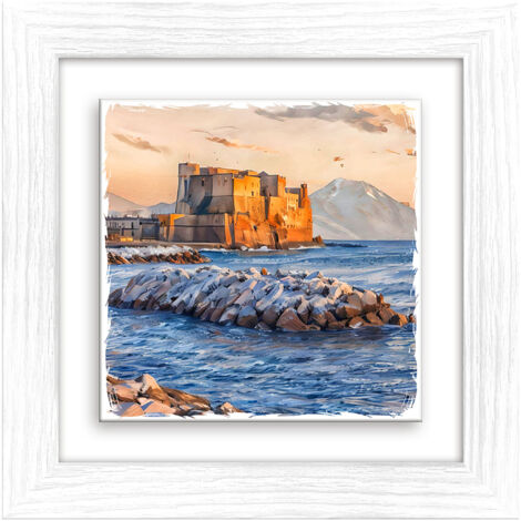 Lupia - Quadro moderno con paesaggi e localismi italiani, Ceramica e Stampa Rilievo, Cornice Legno Shabby Modern bianca, Decorazione Parete, Quadretti Soggiorno 29x29 cm NAPOLI MARE SCOGLIO CASTELLO