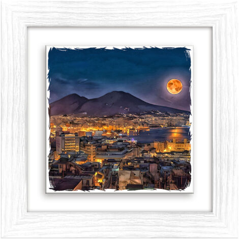 Lupia - Quadro moderno con paesaggi e localismi italiani, Ceramica e Stampa Rilievo, Cornice Legno Shabby Modern bianca, Decorazione Parete, Quadretti Soggiorno, 29x29 cm, NAPOLI VESUVIO LUNA NOTTE