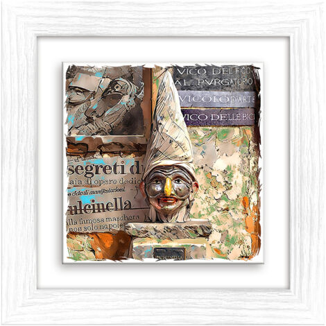 Lupia - Quadro moderno con paesaggi e localismi italiani, Ceramica e Stampa Rilievo, Cornice Legno Shabby Modern bianca, Decorazione Parete Quadretti Soggiorno 29x29 cm NAPOLI VICO DEL FICO PULCINELLA