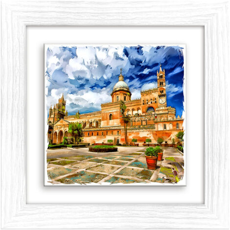 Lupia - Quadro moderno con paesaggi e localismi italiani, Ceramica e Stampa Rilievo, Cornice Legno Shabby Modern bianca, Decorazione Parete, Quadretti Soggiorno, 29x29 cm, PALERMO CATTEDRALE