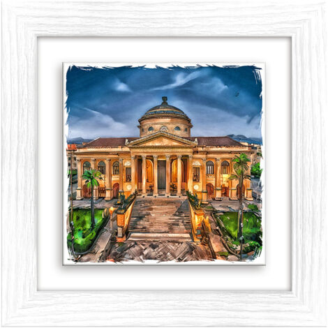 Lupia - Quadro moderno con paesaggi e localismi italiani, Ceramica e Stampa Rilievo, Cornice Legno Shabby Modern bianca, Decorazione Parete, Quadretti Soggiorno, 29x29 cm, PALERMO TEATRO MASSIMO