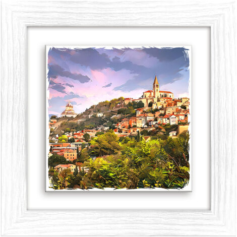 Lupia - Quadro moderno con paesaggi e localismi italiani, Ceramica e Stampa Rilievo, Cornice Legno Shabby Modern bianca, Decorazione Parete, Quadretti Soggiorno, 29x29 cm, PERUGIA PANORAMA