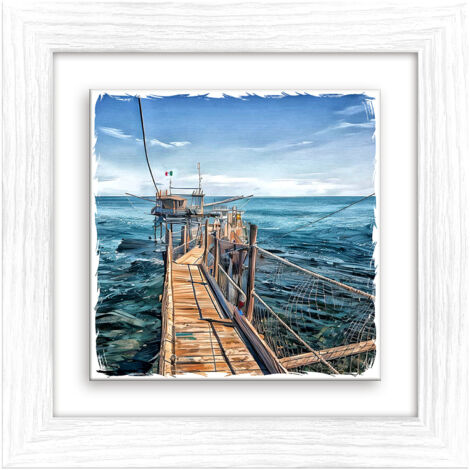 Lupia - Quadro moderno con paesaggi e localismi italiani, Ceramica e Stampa Rilievo, Cornice Legno Shabby Modern bianca, Decorazione Parete, Quadretti Soggiorno, 29x29 cm, PESCARA COSTA TRABOCCO