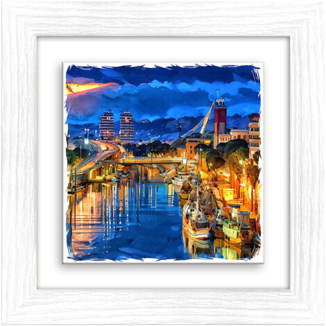 Lupia - Quadro moderno con paesaggi e localismi italiani, Ceramica e Stampa Rilievo, Cornice Legno Shabby Modern bianca, Decorazione Parete, Quadretti Soggiorno, 29x29 cm, PESCARA PANORAMA SERA