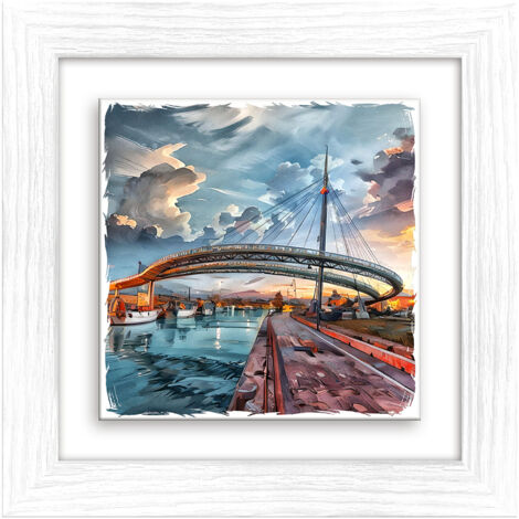 Lupia - Quadro moderno con paesaggi e localismi italiani, Ceramica e Stampa Rilievo, Cornice Legno Shabby Modern bianca, Decorazione Parete, Quadretti Soggiorno, 29x29 cm, PESCARA PONTE SUL MARE