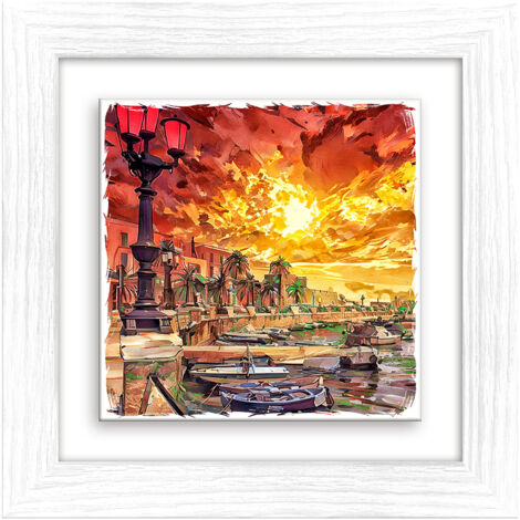 Lupia - Quadro moderno con paesaggi e localismi italiani, Ceramica e Stampa Rilievo, Cornice Legno Shabby Modern bianca, Decorazione Parete, Quadretti Soggiorno, 29x29 cm, PUGLIA BARI HOT