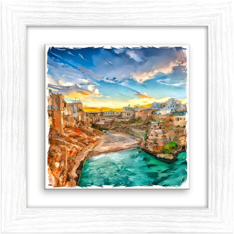 Lupia - Quadro moderno con paesaggi e localismi italiani, Ceramica e Stampa Rilievo, Cornice Legno Shabby Modern bianca, Decorazione Parete, Quadretti Soggiorno, 29x29 cm PUGLIA BASTIONE DI S. STEFANO