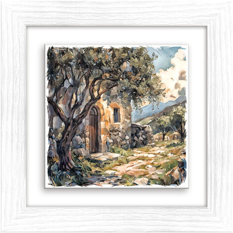 Lupia - Quadro moderno con paesaggi e localismi italiani, Ceramica e Stampa Rilievo, Cornice Legno Shabby Modern bianca, Decorazione Parete, Quadretti Soggiorno, 29x29 cm, PUGLIA PAESAGGIO SALENTINO