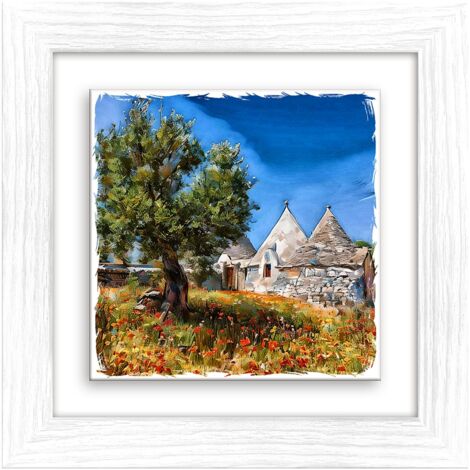 Lupia - Quadro moderno con paesaggi e localismi italiani, Ceramica e Stampa Rilievo, Cornice Legno Shabby Modern bianca, Decorazione Parete, Quadretti Soggiorno, 29x29 cm PUGLIA TRULLI E ALBERO ULIVO