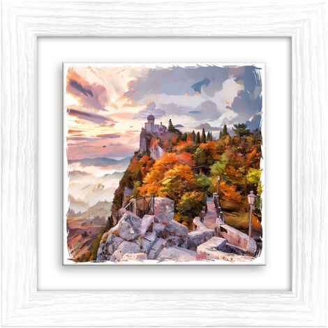 Lupia - Quadro moderno con paesaggi e localismi italiani, Ceramica e Stampa Rilievo, Cornice Legno Shabby Modern bianca, Decorazione Parete, Quadretti Soggiorno, 29x29 cm, RIMINI PANORAMA SAN MARINO