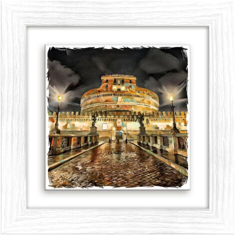 Lupia - Quadro moderno con paesaggi e localismi italiani, Ceramica e Stampa Rilievo, Cornice Legno Shabby Modern bianca, Decorazione Parete, Quadretti Soggiorno, 29x29 cm, ROMA CASTEL SANT'ANGELO