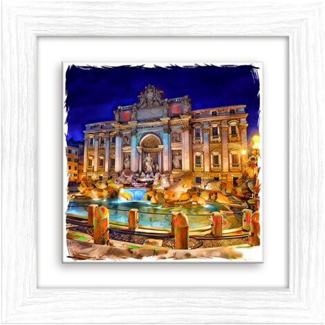 Lupia - Quadro moderno con paesaggi e localismi italiani, Ceramica e Stampa Rilievo, Cornice Legno Shabby Modern bianca, Decorazione Parete, Quadretti Soggiorno, 29x29 cm, ROMA FONTANA DI TREVI