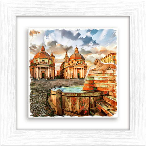 Lupia - Quadro moderno con paesaggi e localismi italiani, Ceramica e Stampa Rilievo, Cornice Legno Shabby Modern bianca, Decorazione Parete, Quadretti Soggiorno, 29x29 cm, ROMA PIAZZA DEL POPOLO