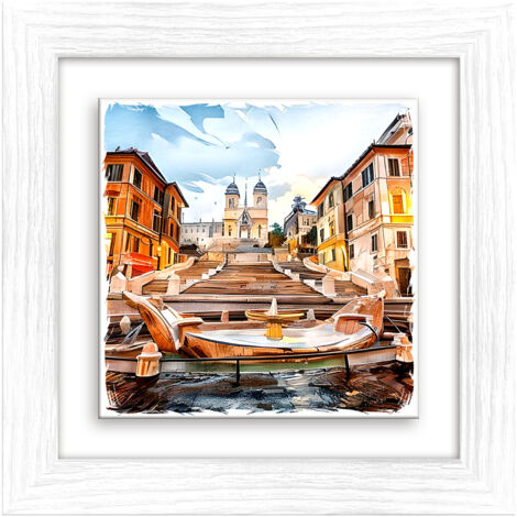 Lupia - Quadro moderno con paesaggi e localismi italiani, Ceramica e Stampa Rilievo, Cornice Legno Shabby Modern bianca, Decorazione Parete, Quadretti Soggiorno, 29x29 cm, ROMA PIAZZA DI SPAGNA