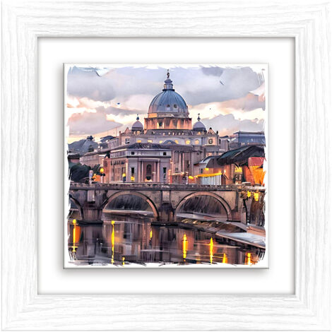 Lupia - Quadro moderno con paesaggi e localismi italiani, Ceramica e Stampa Rilievo, Cornice Legno Shabby Modern bianca, Decorazione Parete, Quadretti Soggiorno, 29x29 cm, ROMA VATICANO